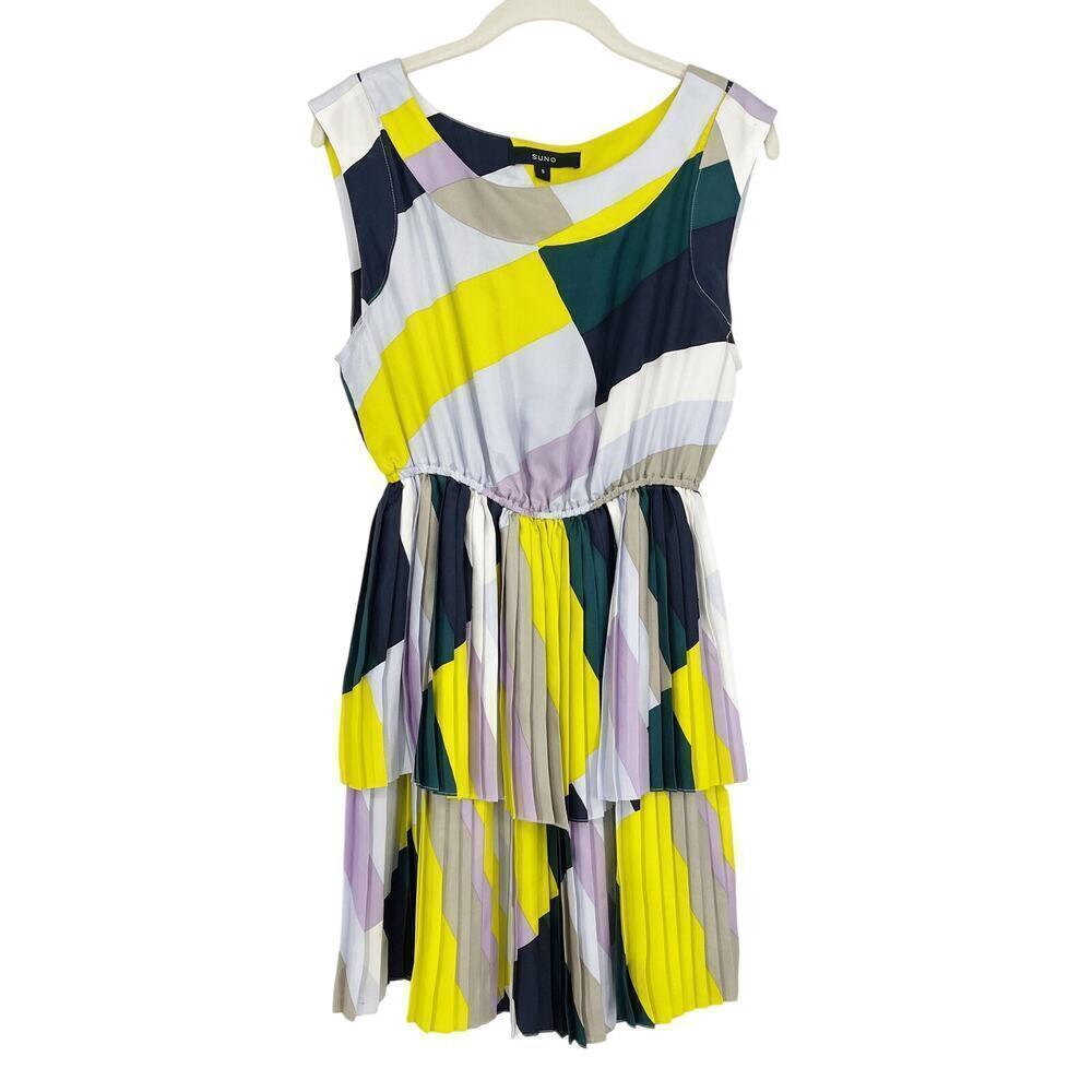 Suno 100% Silk Pleated Mini Dress Bold Geometric Print Size Small